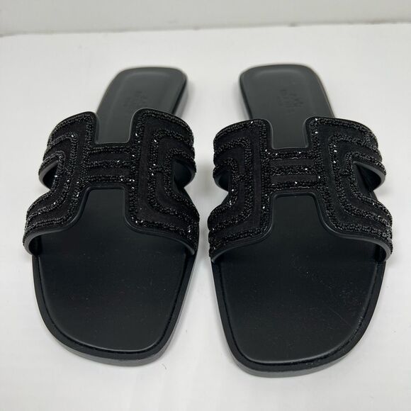 Hermes Oran Sandal Rhinestone Women’s Size 38 / 7.5 Black - Picture 2 of 6